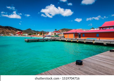 Wooden Dock And Colorful Buildings In Philipsburg, St Maarten (Sint Maarten, Saint Martin). Popular Caribbean Cruise Destination.