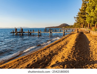 Wooden Docks On Lake Tahoe at Lakeside Beach, South Lake Tahoe, California, USA - Powered by Shutterstock