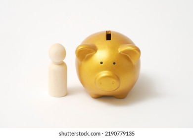 The Wooden Doll And A Piggy Bank In White Background