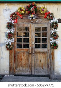 wooden door with Christmas decorations