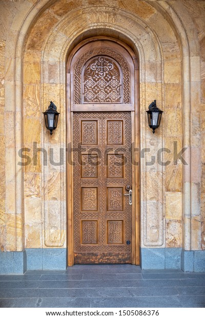 Wooden Door Decorated Decorative Carvings Archway Stock Photo