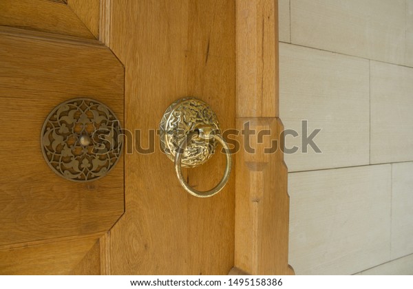 Wooden Door Handle Gold Color Carving Stock Photo Edit Now