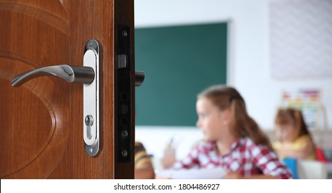 Wooden Door Open Into Modern Classroom With Students, Banner Design