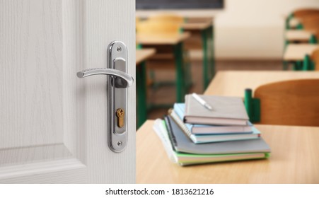 Wooden Door Open Into Modern Empty Classroom, Banner Design