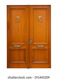 Wooden Double Doors. Isolated Over White Background