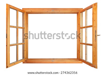 Wooden double window opened isolated on white background