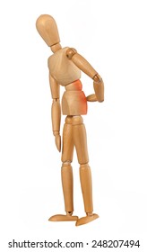 Wooden dummy with back pain isolated on white background