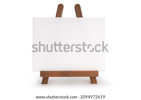 Wooden easel with blank canvas isolated on white background. Template, mock up