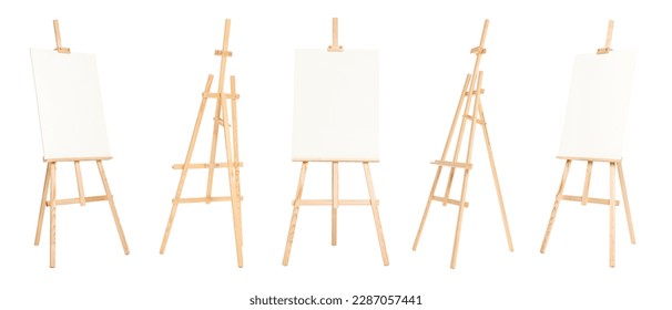 Wooden easel isolated on white, different sides