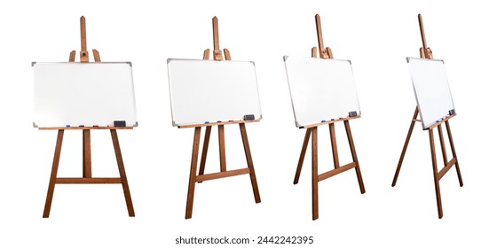 Wooden easel with a magnetic white board isolated on white, different sides angles, abstract backdrop - Powered by Shutterstock