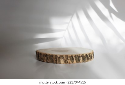 Wooden Eco Rustic Pine Tree Circle Disc Platform Podium On Light And Shadow Background. Minimal Empty Display Product Presentation Scene.