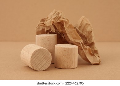 Wooden Eco Rustic Platform Podium, Kraft Paper On Beige. Minimal Empty Display Product Presentation Scene.