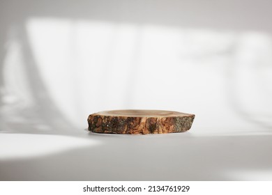 Wooden eco rustic wood circle disc platform podium on white light and shadow copy spase background. Minimal empty display product presentation scene.