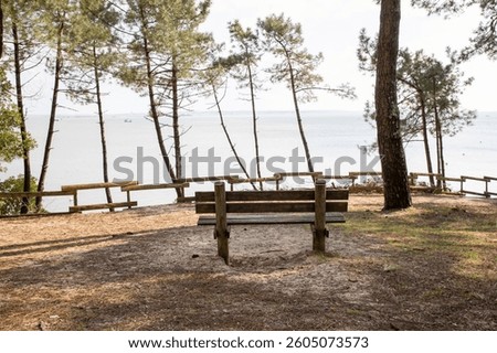 wooden empty bench on coast beach front atlantic ocean seaside arcachon bay