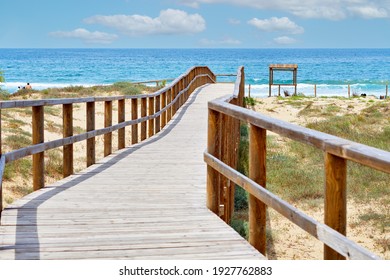 Wooden empty board walk leading through sand dunes to Mediterranean Sea and beach of Los Arenales Arenals del Sol, no people. Costa Blanca, Europe, Spain. Espana - Powered by Shutterstock