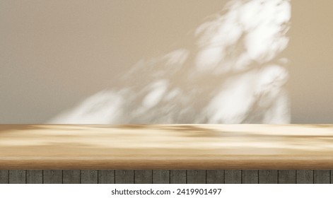 wooden empty cozy table background, sunny countertop template background and soft window sunlight and shadows, presentation and advertisement mock up, business work and product placement mock up - Powered by Shutterstock