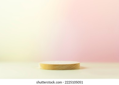 Wooden empty podium on a beauty light gradient background. Round show case for natural cosmetic products. Concept scene stage for new product, promotion sale and presentation. Front view - Shutterstock ID 2225105051
