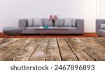 Wooden empty table in front of Living room sofa interior. For product display and presentation, Table top with Blurred sofa Home interior decoration, Copy space for displaying your product on a table.