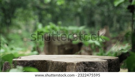 wooden empty table top wooden counter podium in outdoor tropical garden forest blurred green plant background with space.organic product present natural placement pedestal 