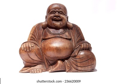 Wooden fat Smiling Buddha, isolated over white background 