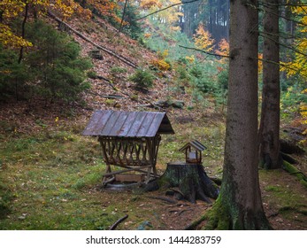 Wooden Feeder Or Manger For Wild Animals In The Forest. Feeding Trough With Hay For Wild Boars, Deer And Birds In The Atumn Forest.