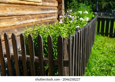 Wooden fence with garden and fresh spring flowers.