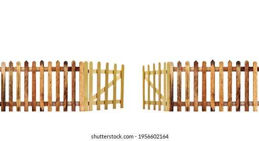 wooden fence with a gate isolated on white including clipping path