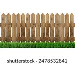 Wooden fence and green grass isolated on white