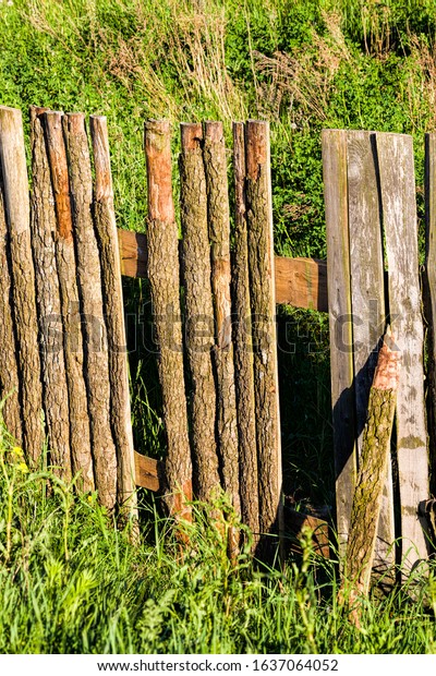 wooden fence made of planks and\
picket fence, close-up on the territory owned by different people\
and divided by the old primitive low fence, Eastern\
Europe