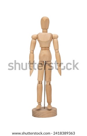 Wooden figure of a man isolated on white background. Wooden mannequin posing.