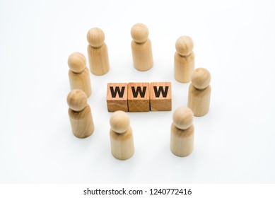 Wooden Figures As Business Team In Circle Around Acronym WWW World Wide Web, Isolated On White Background, Minimalist Concept