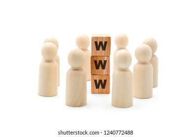 Wooden Figures As Business Team In Circle Around Acronym WWW World Wide Web, Isolated On White Background, Minimalist Concept