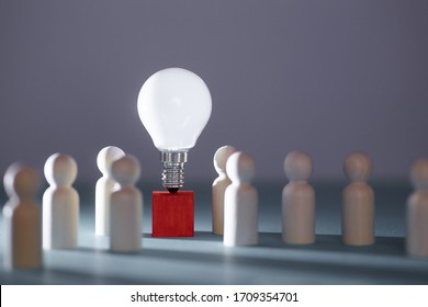 Wooden figures, lightbulb on red cube. Team creativity, idea mockup. Creative approach and lateral thinking, copy space - Shutterstock ID 1709354701