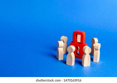 Wooden figures of people surround red padlock. concept of protection of personal data trade secrets, dedication to secrets. Preservation of secrets. Bank secrecy. Protection of information networks. - Shutterstock ID 1470163916