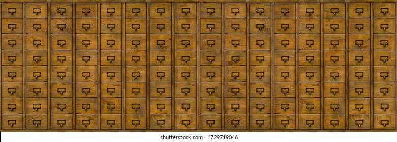 Wooden filing cabinet or organizer for storing registration cards, library accounting. Wooden document repository in past centuries, pre-computer era and big data. Seamless old wooden file cabinet.  - Shutterstock ID 1729719046