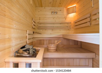 Wooden Finish Sauna Interior Empty