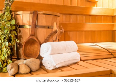wooden Finnish sauna, shooting objects in the the empty steam room