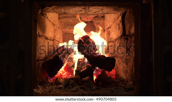 Wooden Fire Beams Burning Russian Furnace Stock Image Download Now