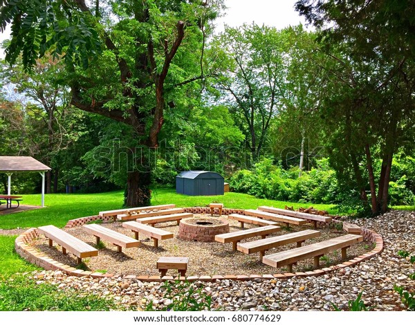 Wooden Fire Pit Patio Surrounded By Nature Parks Outdoor Stock