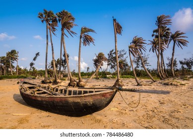 Wooden Fishing Boat In A Beach In Mandarmoni By Bay Of Bengal Sea.