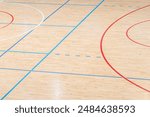 Wooden floor basketball, badminton, futsal, handball, volleyball, football, soccer court. Wooden floor of sports hall with marking lines on wooden floor indoor, gym court