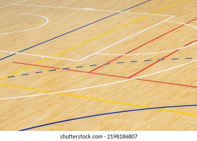 Wooden Floor Basketball, Badminton, Futsal, Handball, Volleyball, Football, Soccer Court. Wooden Floor Of Sports Hall With Marking Lines On Wooden Floor Indoor, Gym Court