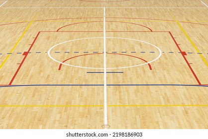 Wooden Floor Basketball, Badminton, Futsal, Handball, Volleyball, Football, Soccer Court. Wooden Floor Of Sports Hall With Marking Lines On Wooden Floor Indoor, Gym Court