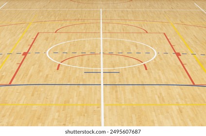 Wooden floor basketball, badminton, futsal, handball, volleyball, football, soccer court. Wooden floor of sports hall with marking lines on wooden floor indoor, gym court - Powered by Shutterstock