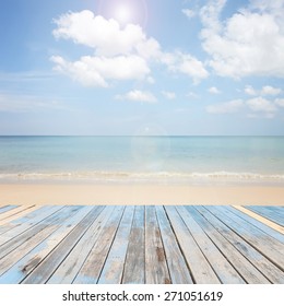 wooden floor with beautiful blue sky scenery for background.Wooden table on outdoor beach sea in the summer day seascape background.Texture of wood pier and sea background - Shutterstock ID 271051619