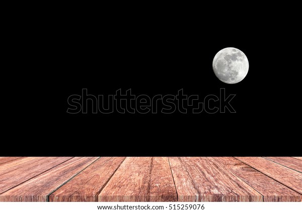 Wooden\
floor with full moon on black sky\
background.