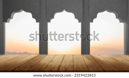 Wooden floor with mosque door arch with landscape view and sunset scene background