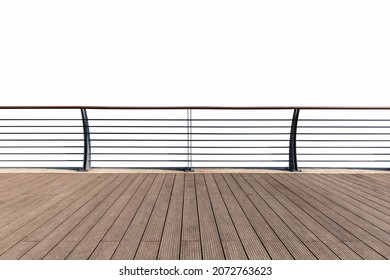 wooden floor and outdoor railings isolated on white with clipping path, waterfront viewing platform