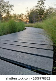 Wooden Floor Pathway In The Lawn During Sunset,low Angle.