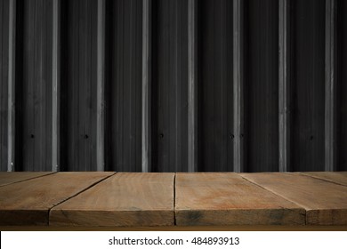 Wooden Floor, Wooden Planks, Wooden Table With Old Black Metal Sheet, Steel Texture, Steel Pattern, Steel Wall In The Dark.